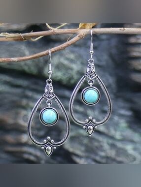 Turquoise Drop Hoop Earrings - Silver-Tone Women's Jewelry